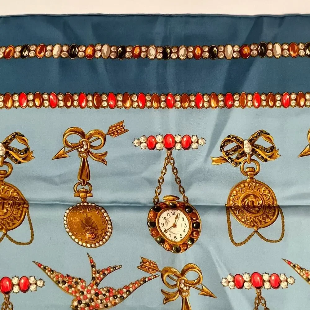 Christian Dior Silk Scarf Jewel & Watch Charm Pattern Blue 34.5